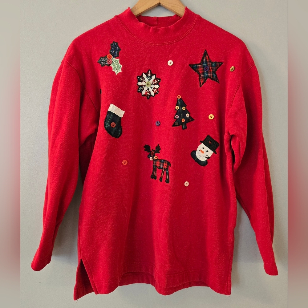 Vintage Talbots Christmas Sweatshirt Women, Size S, Red Buttons, Reindeer